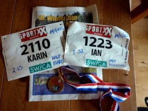 Medals Karin and Ian Winterthur half marathon, Switzerland.