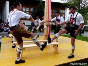 Schuhplattler Tulfes wooden bench performance.