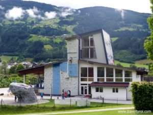 Climbing wall and hall at Camping Aufenfeld, Zillertal.
