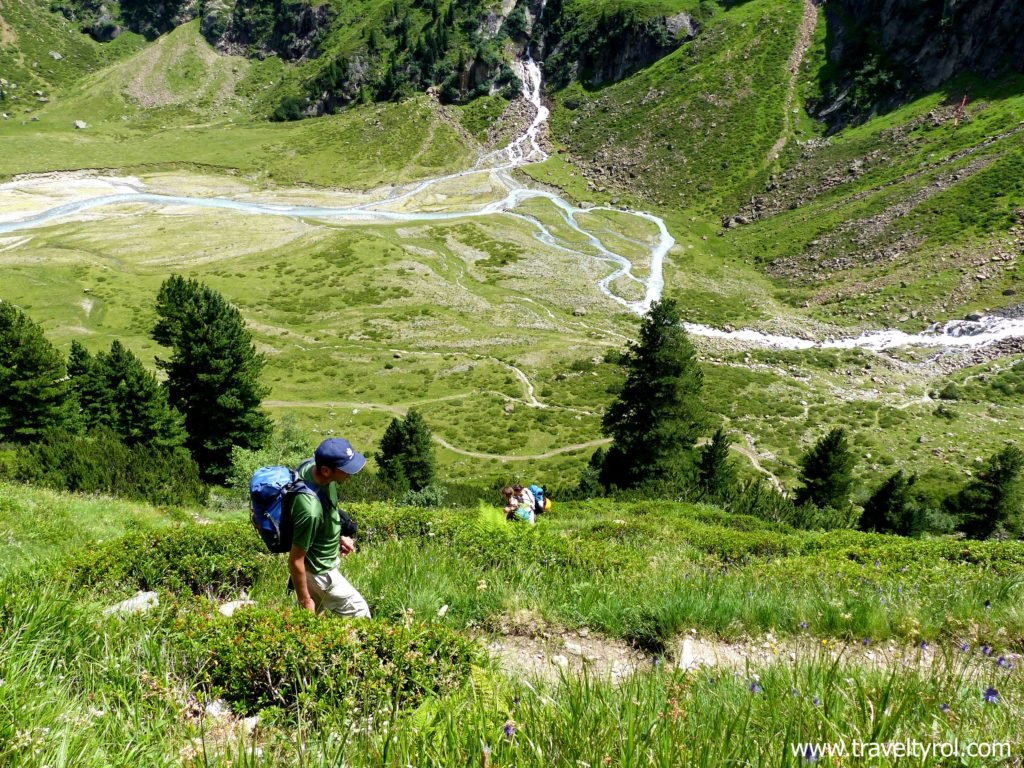 Hiking trail next to Sulzenau Waterfall on Wilde Wasser Weg in the Stubai Valley in Austria.