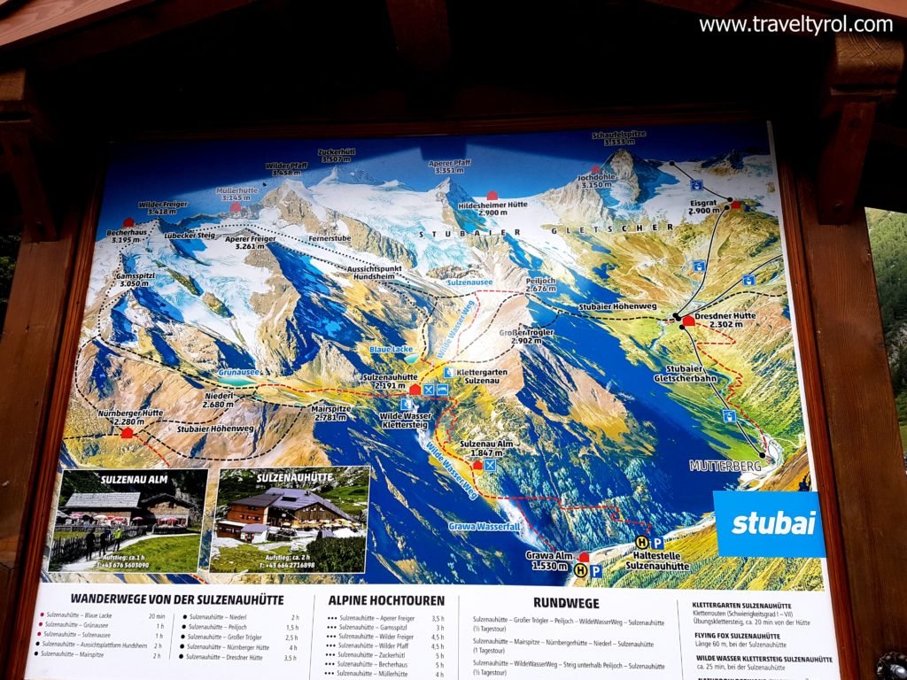Map of the Wilde Wasser Weg in the Stubai Alps in Austria.