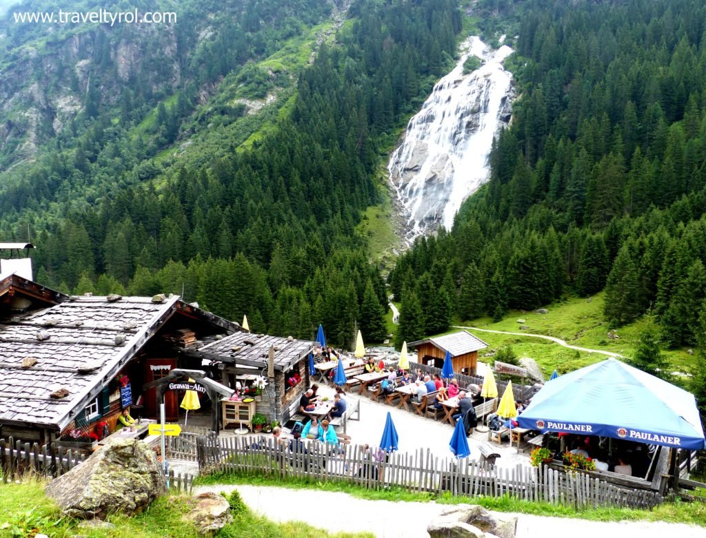 Grawa Alm with Grawa Waterfall in the Stubai Alps.