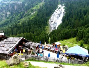 Grawa Alm with Grawa Waterfall in the Stubai Alps.