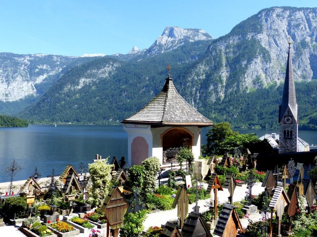 Hallstatt cemetery view in front of the bone house.