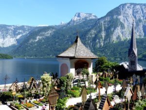 Hallstatt cemetery view in front of the bone house.