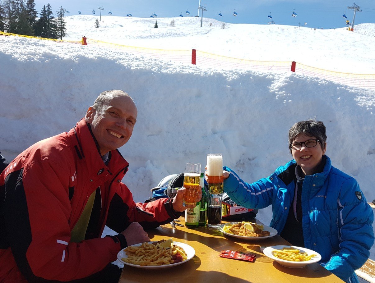 Schnitzel and beer is ski food in Alpbach.