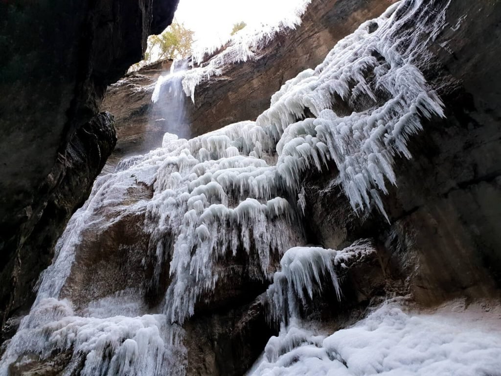 Partnach gorge rock face in winter.